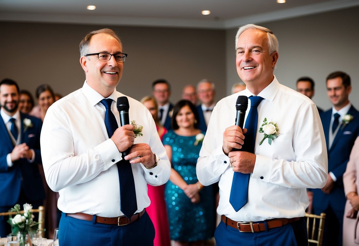 The groom's parents stand at the front of the room, holding microphones and addressing the guests with smiles on their faces