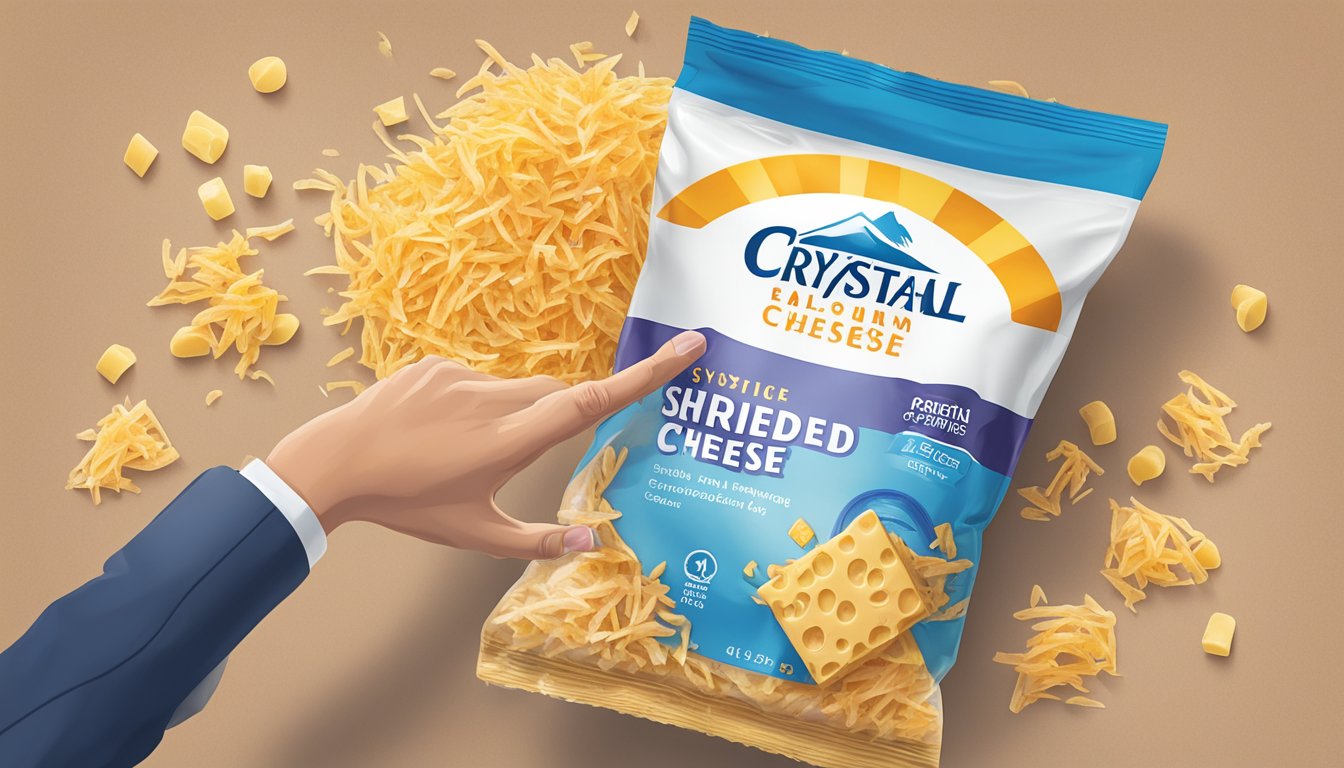 A hand reaching for an expired bag of Crystal Farms shredded cheese, with a question mark hovering above it