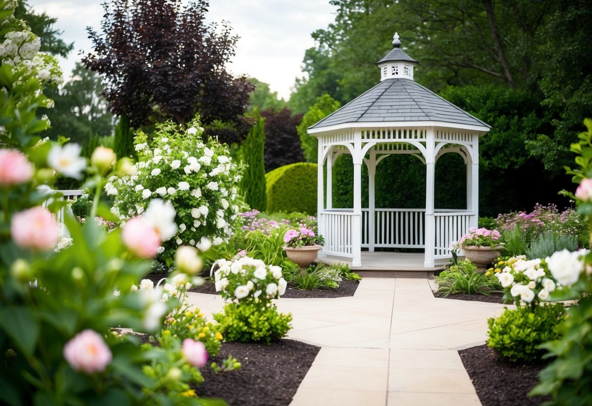 A lush garden with blooming flowers and a charming gazebo, perfect for a romantic wedding ceremony