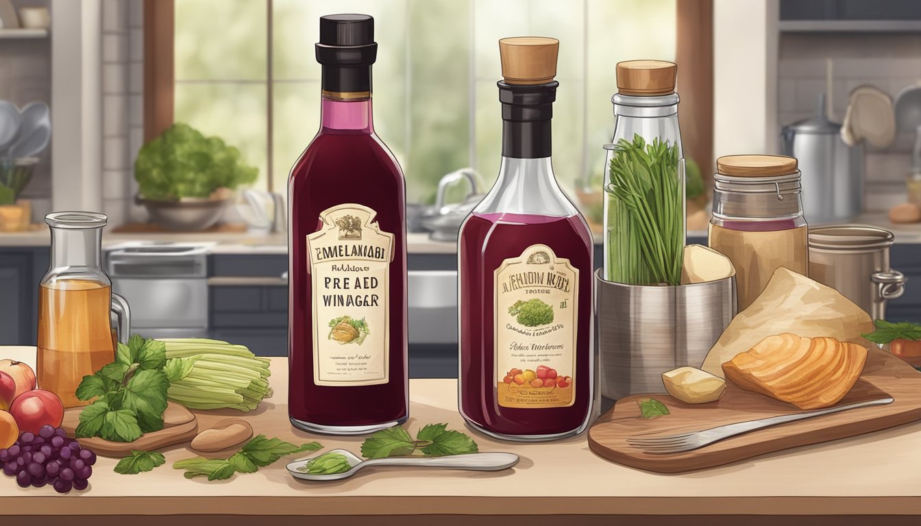 A bottle of expired red wine vinegar with a faded label sits on a kitchen counter, surrounded by various cooking ingredients and utensils