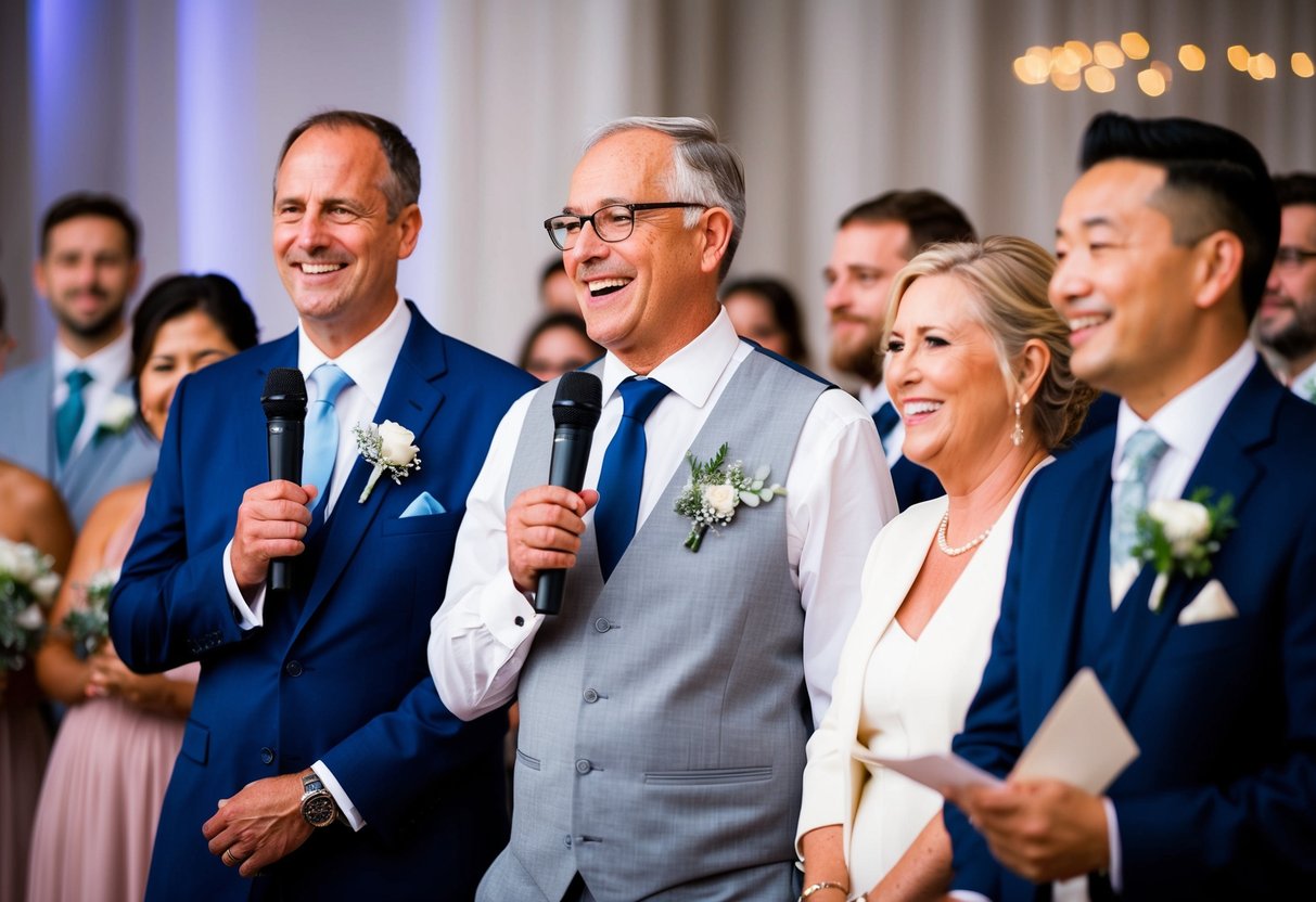 The groom's parents stand at the reception, holding microphones and addressing the crowd with smiles