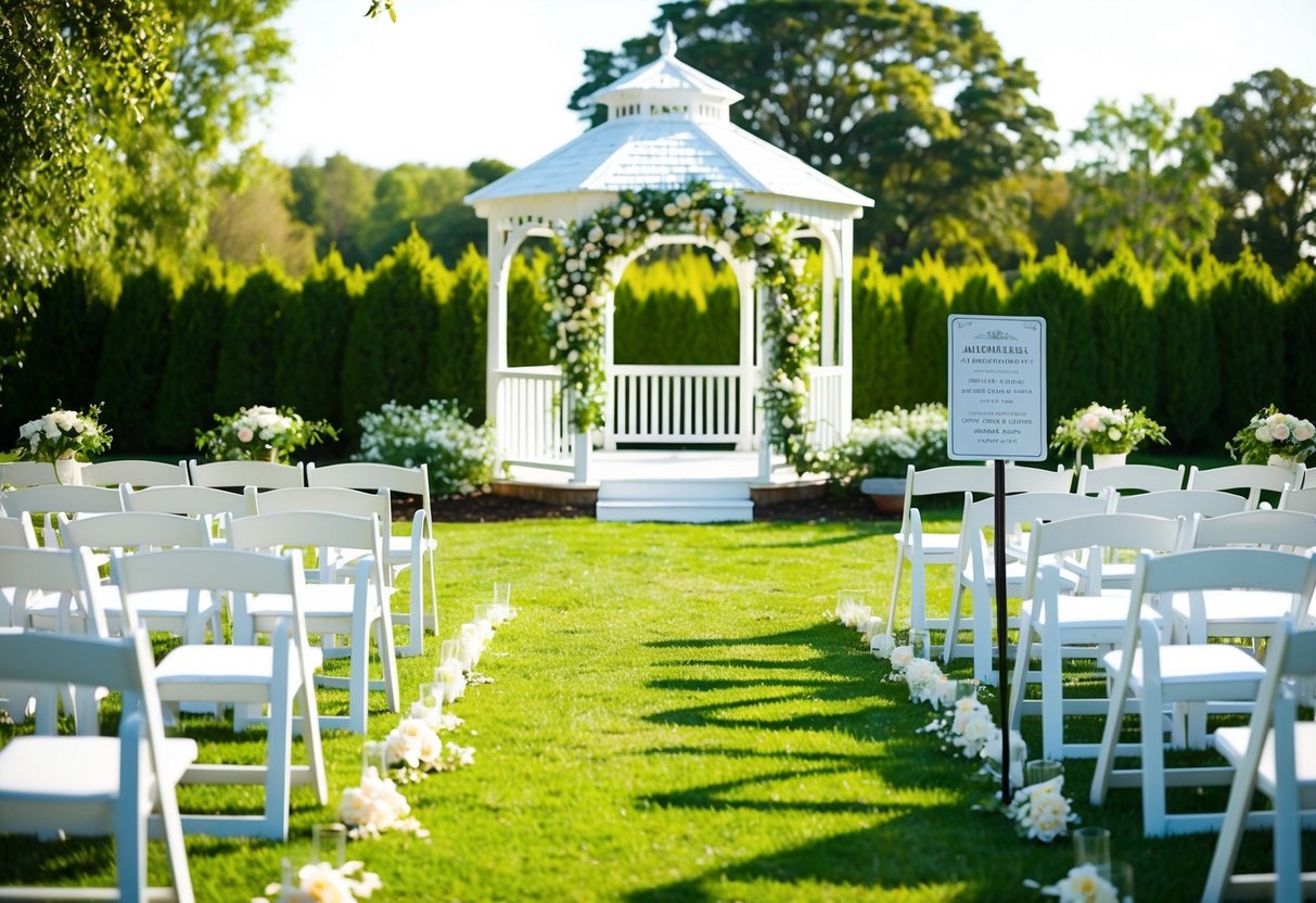 A sunny garden with a white gazebo, floral arch, and rows of chairs. A sign with wedding regulations is posted at the entrance