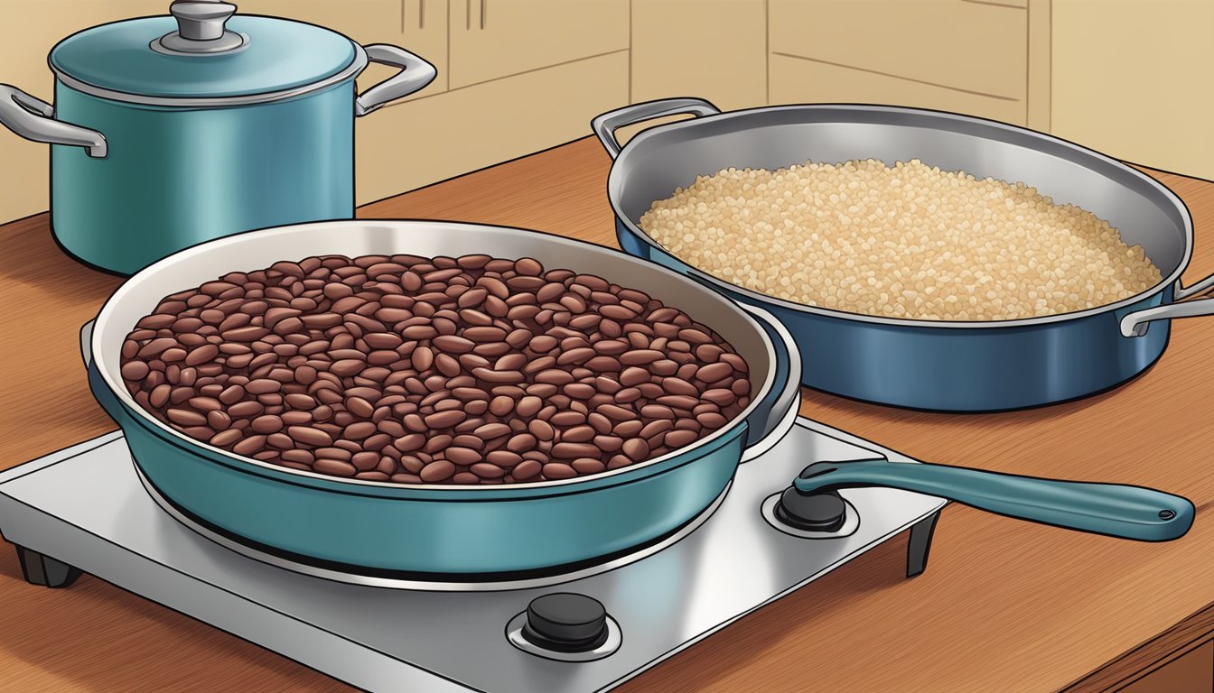 A pot of undercooked Zatarain's red beans and rice simmering on a stovetop