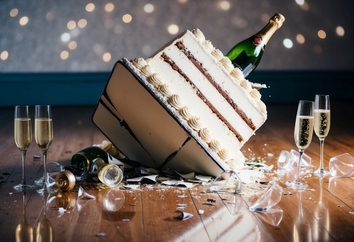A toppled wedding cake lies in ruins on the floor, surrounded by shattered champagne glasses and spilled wine