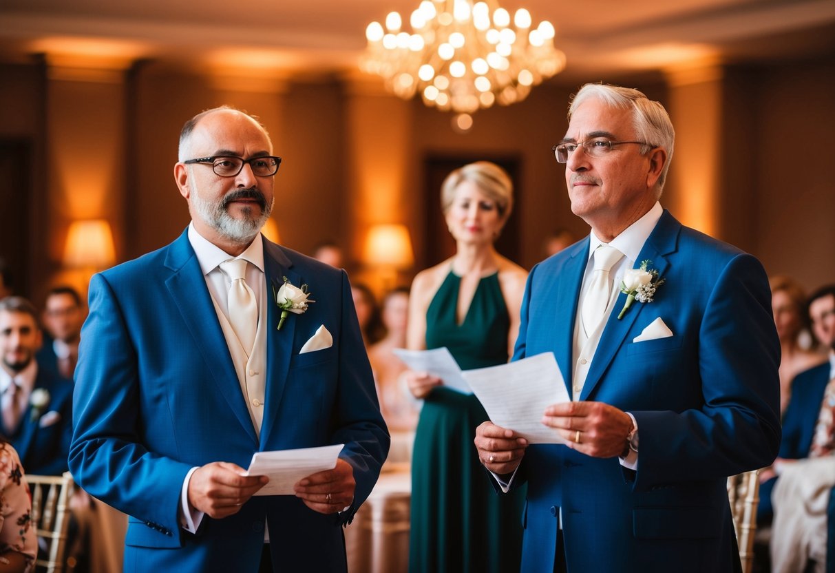 The groom's parents stand together, holding their notes, while facing the audience. The room is filled with warm lighting and elegant decor