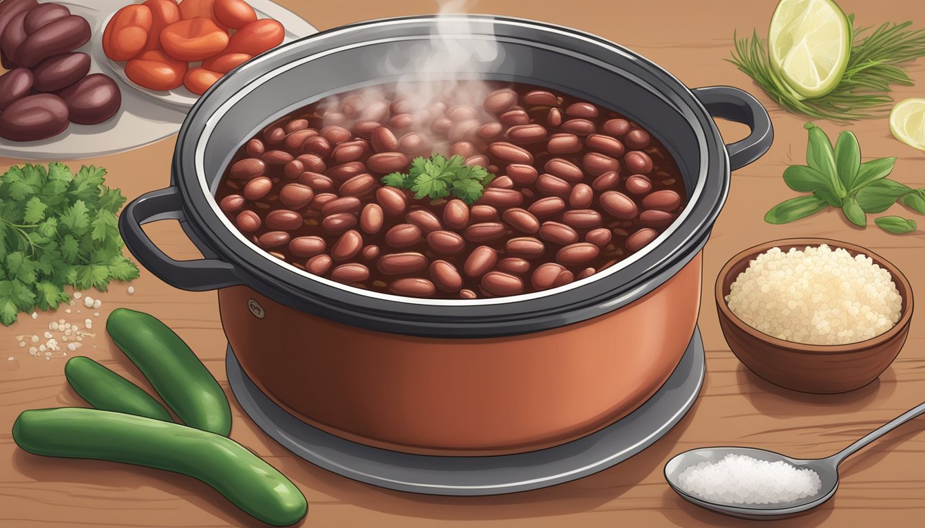 A pot of simmering Zatarain's red beans and rice with steam rising