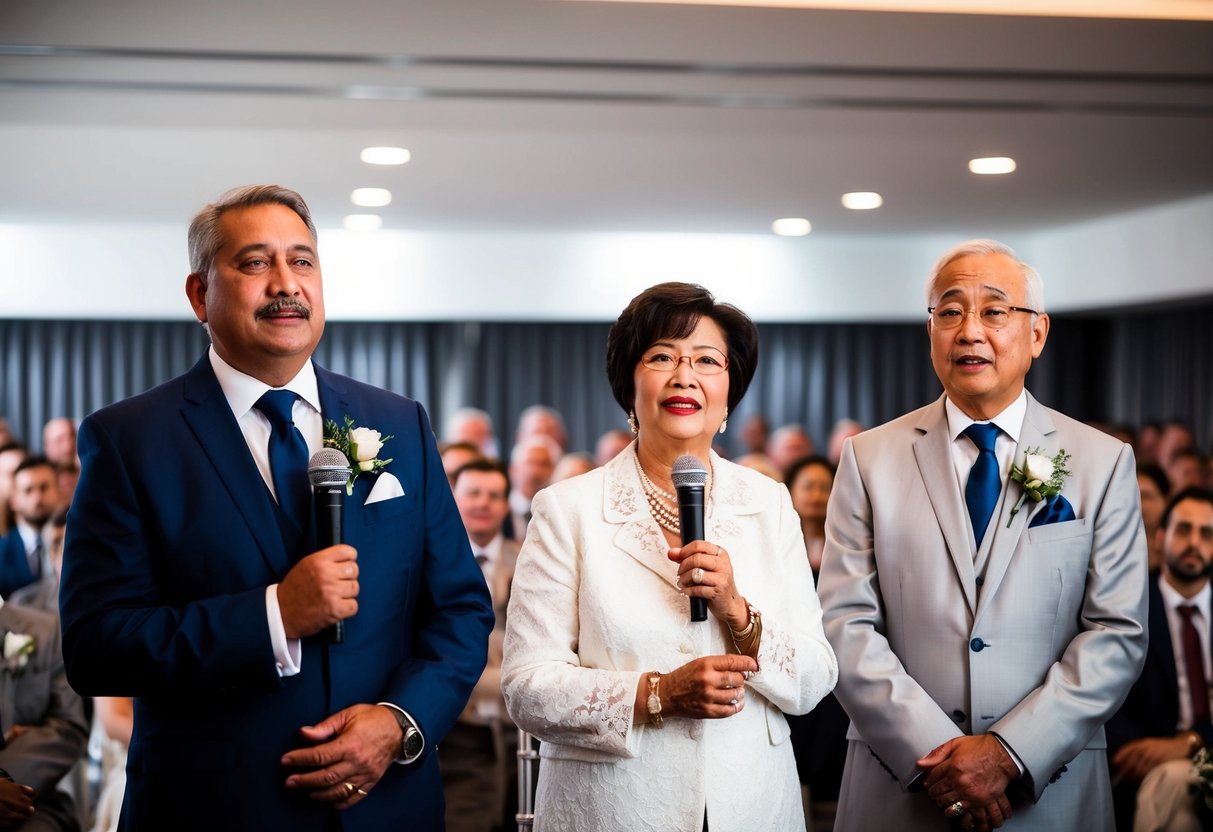 The groom's parents stand at the front of the room, facing the audience. They hold microphones and address the crowd with emotion and sincerity