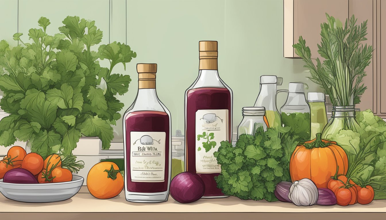 A bottle of red wine vinegar sits on a kitchen counter, surrounded by fresh herbs and vegetables. The label shows an expiration date that has passed