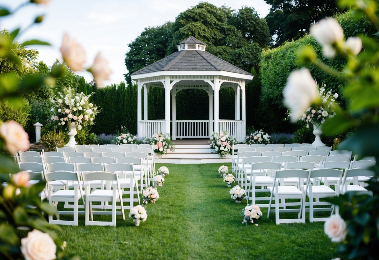 A lush garden with a white gazebo and rows of chairs set up for a wedding ceremony. Flowers and greenery surround the area, creating a romantic and intimate atmosphere