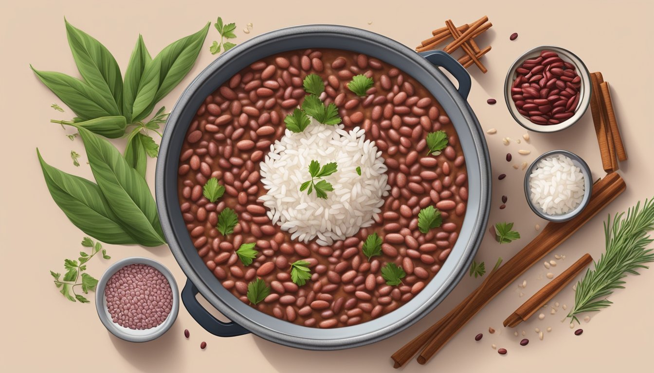 A steaming pot of Zatarain's Red Beans and Rice, with plump red beans and fluffy rice, surrounded by aromatic spices and herbs