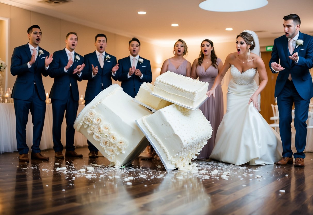 A toppled wedding cake on the floor, guests looking on in shock as the bride and groom try to salvage the situation