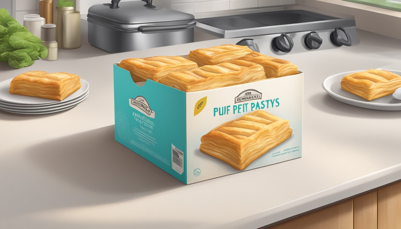 A box of expired puff pastry on a kitchen counter, with visible signs of mold and discoloration