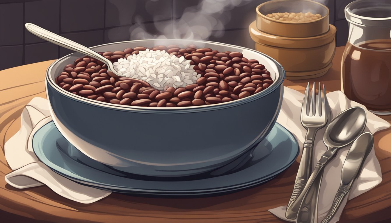 A steaming bowl of red beans and rice sits on a kitchen table, with a fork resting beside it. The aroma of the dish fills the air