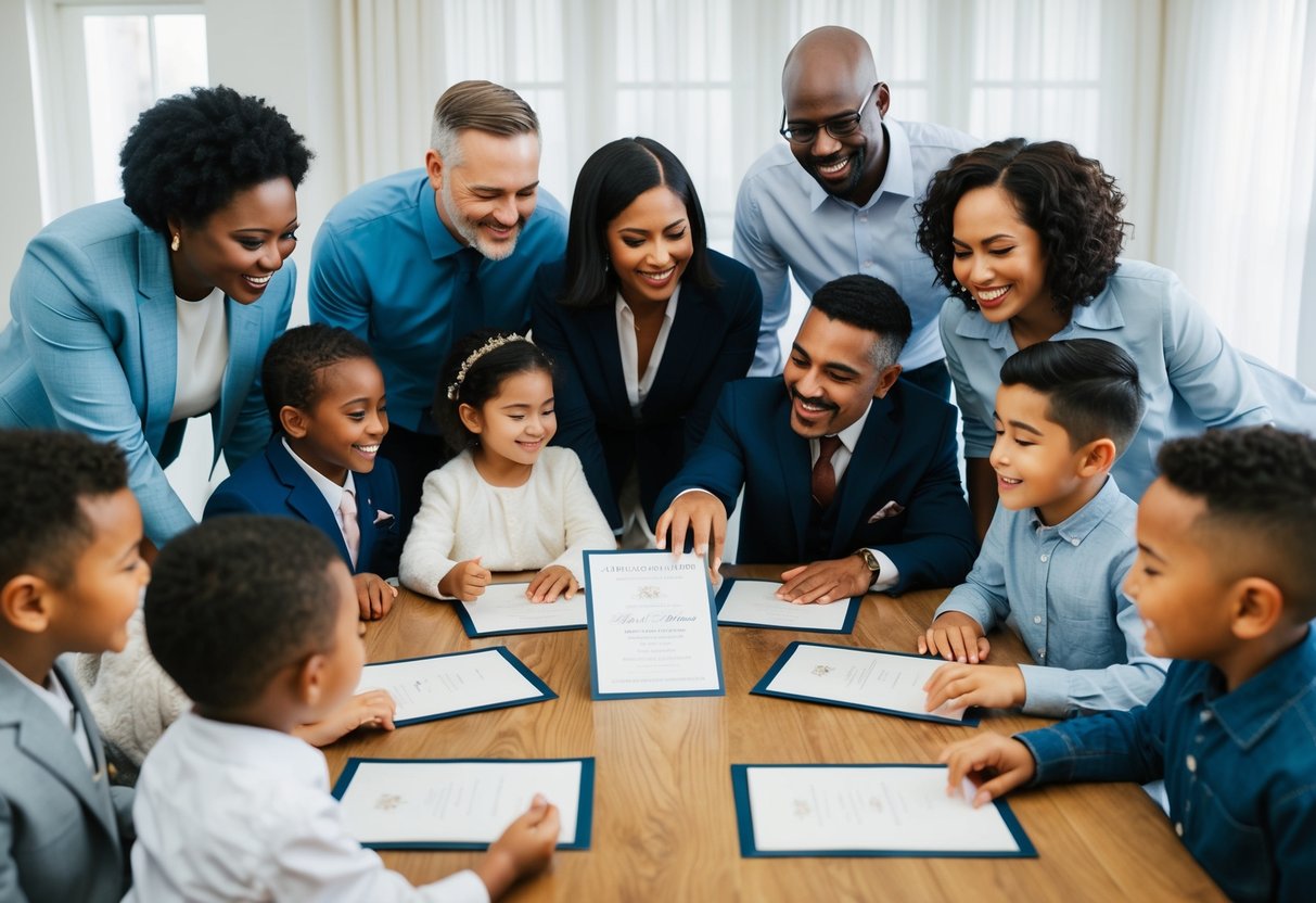A diverse group of families gathered around a wedding invitation, discussing and smiling