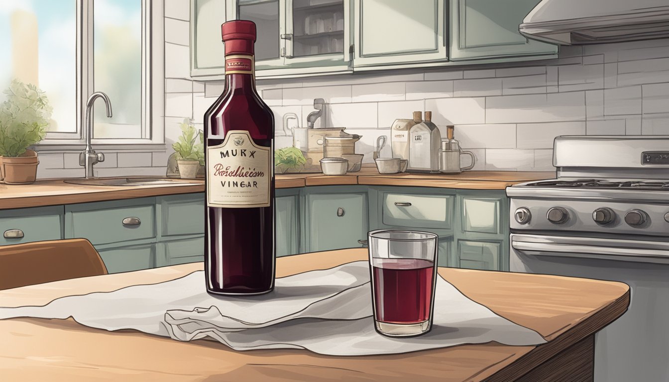 A bottle of red wine vinegar sits on a kitchen counter, its label faded and peeling. Nearby, a glass of murky liquid shows signs of sediment and oxidation