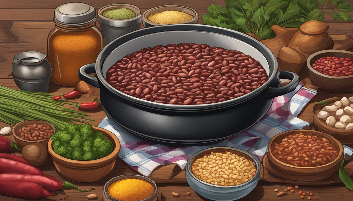 A steaming pot of Zatarain's red beans and rice sits on a rustic wooden table, surrounded by colorful spices and fresh ingredients