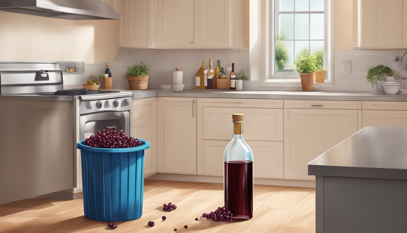 A bottle of expired red wine vinegar being discarded into a trash bin in a kitchen