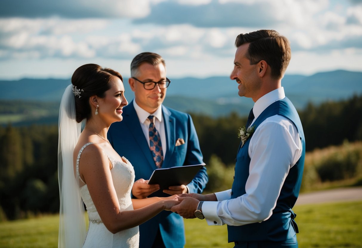 A registrar officiates a wedding in a scenic outdoor location