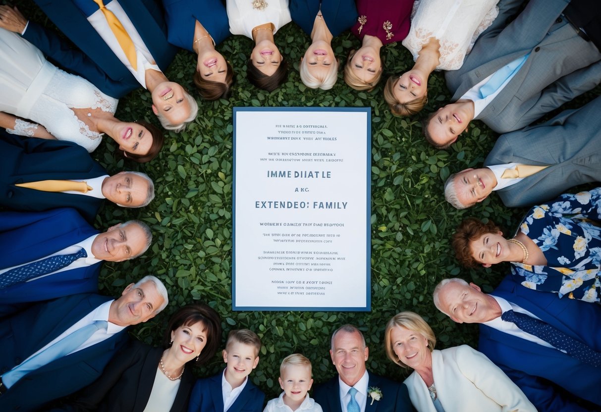 A wedding invitation surrounded by a circle of family portraits, some closer and some further away, representing the decision-making process of prioritizing immediate and extended family