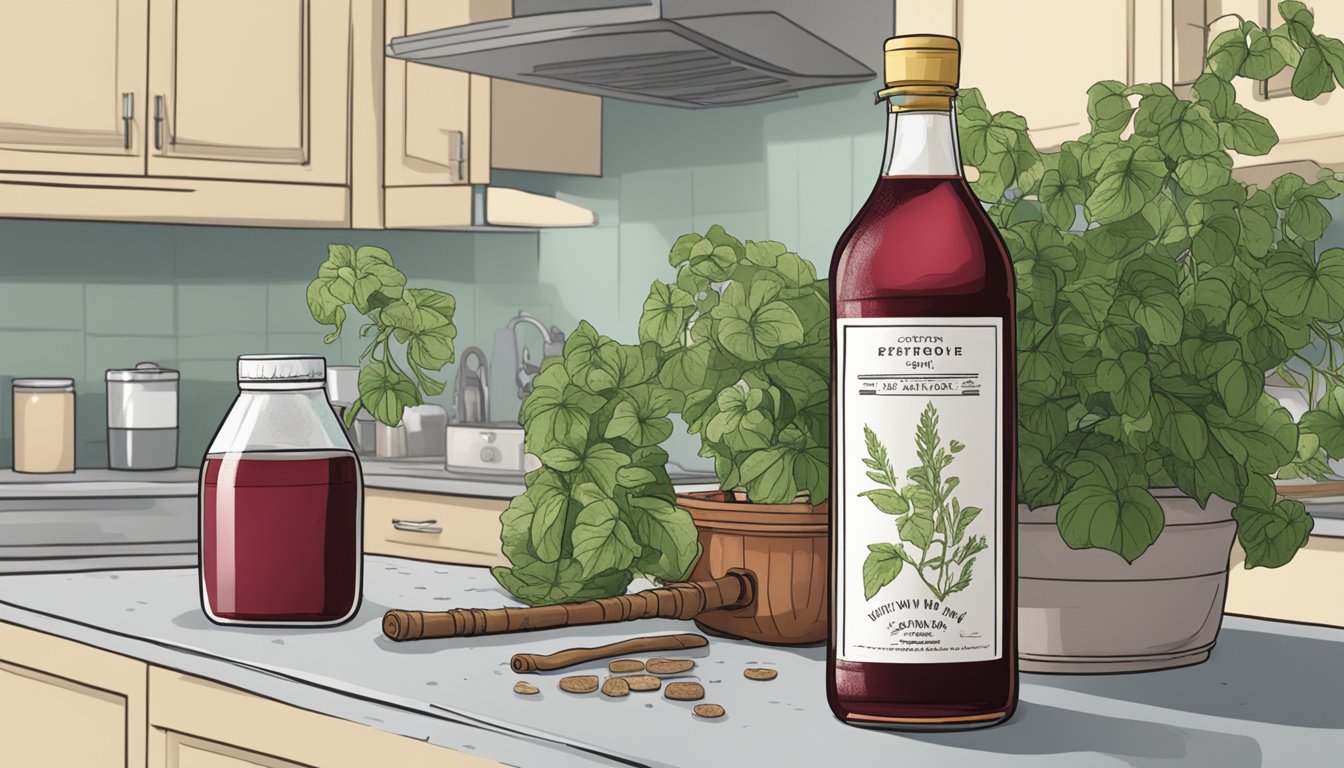 An open bottle of expired red wine vinegar sits next to a wilting plant on a kitchen counter, with a label showing the expiration date