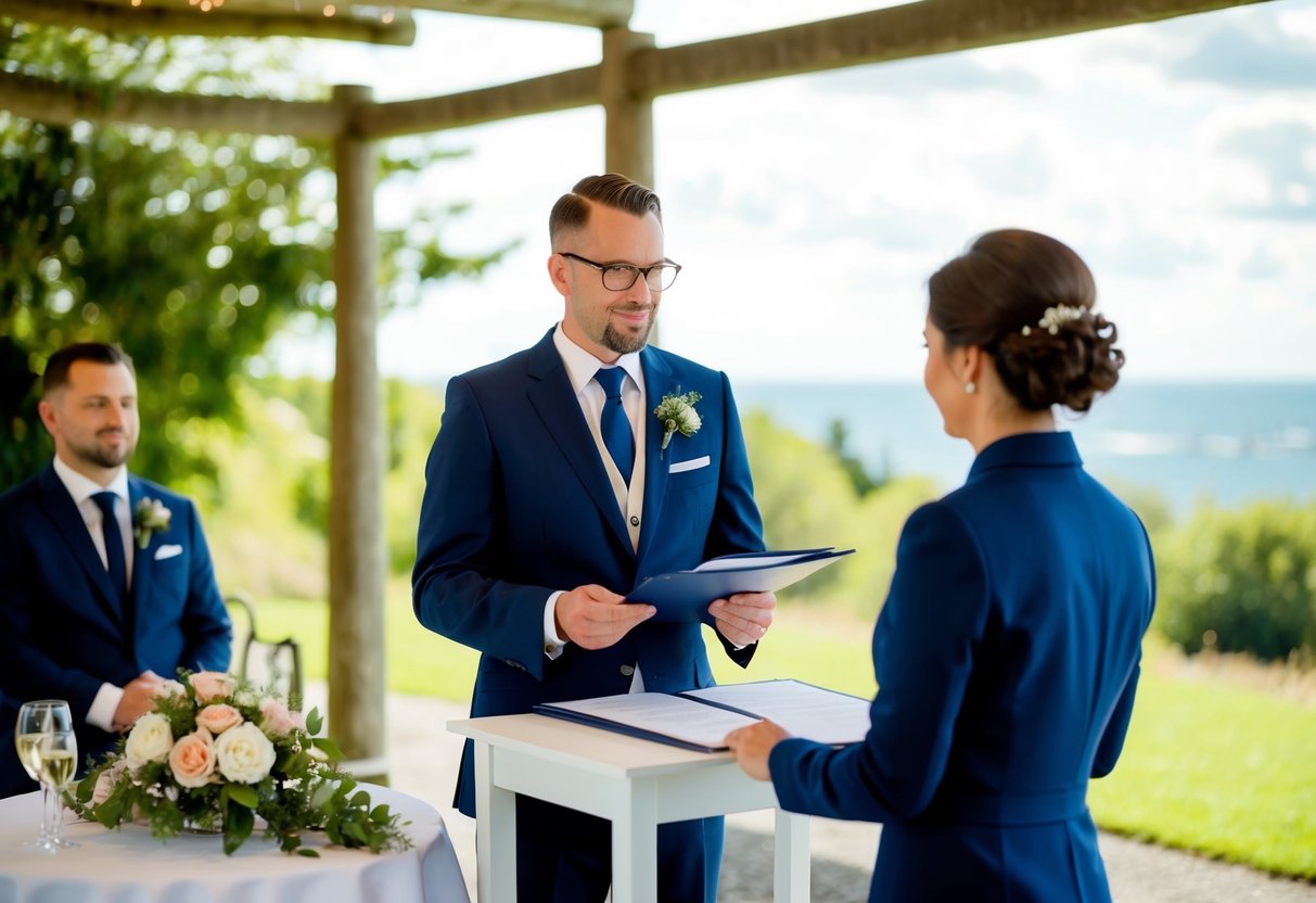 A registrar stands at a table with official documents, overseeing a marriage ceremony in a scenic outdoor location