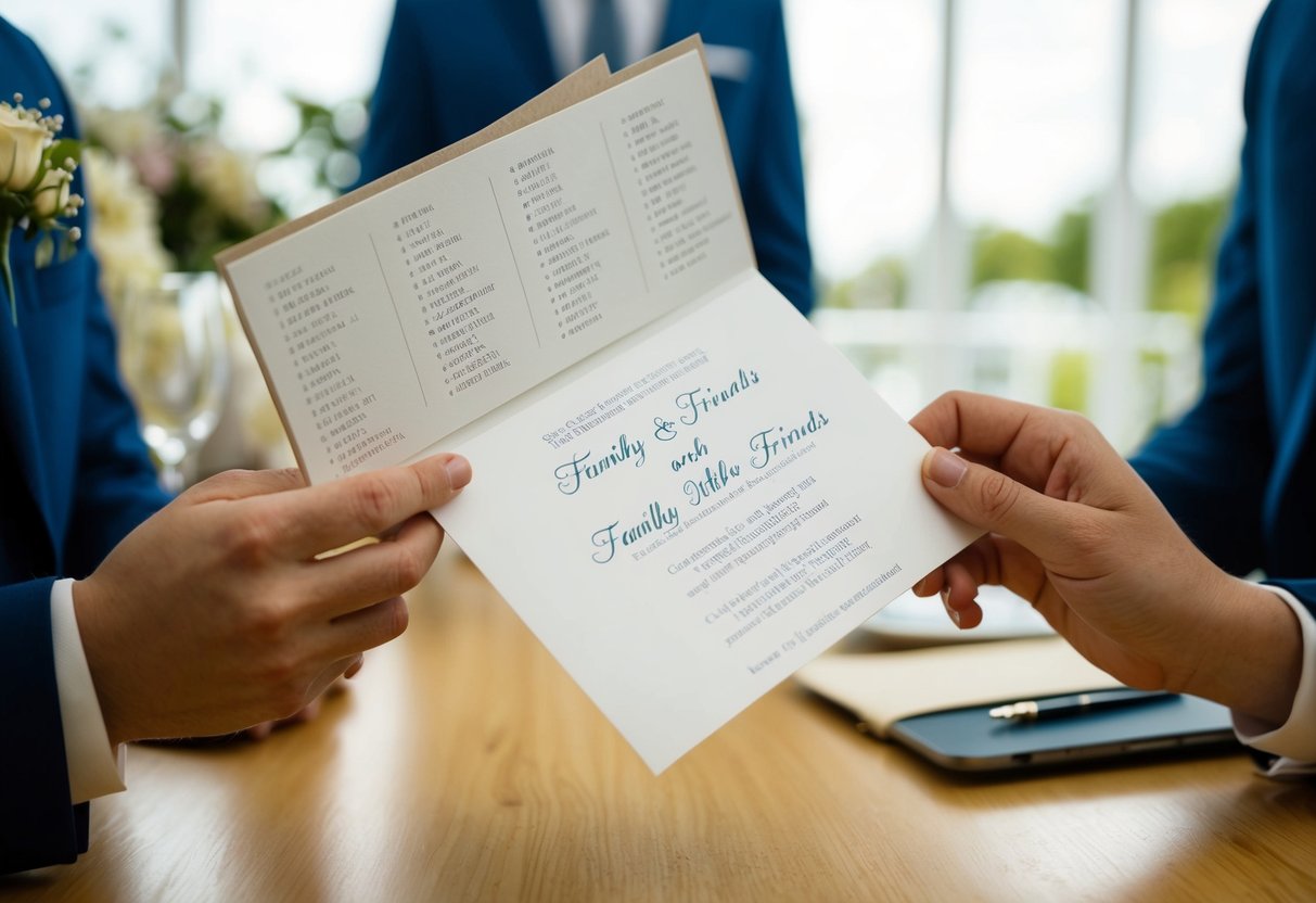 A wedding invitation being held in one hand while the other hand holds a list of family members and friends, with a thoughtful expression on the face