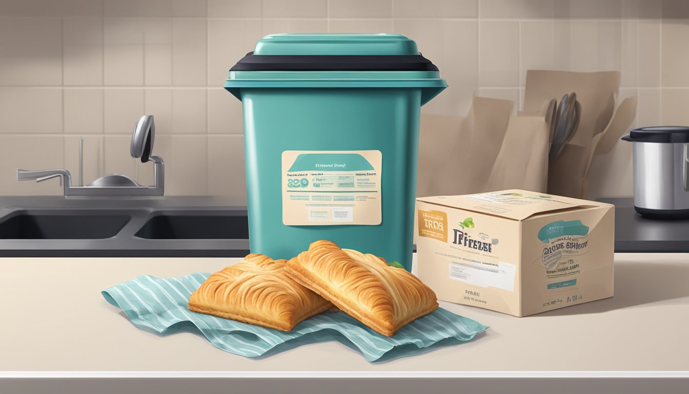 A box of expired puff pastry sitting on a kitchen counter next to a trash can