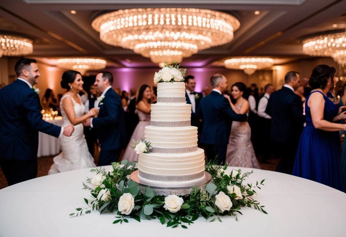 A festive wedding reception with elegant decor, a grand cake, and dancing guests