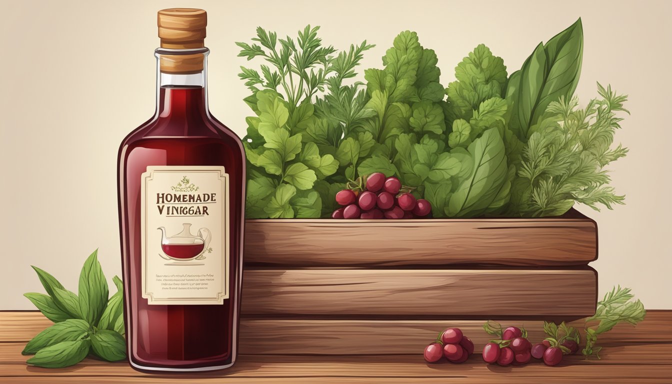 A glass bottle of homemade red wine vinegar with a rich, deep red color sits on a rustic wooden shelf, surrounded by fresh herbs and spices