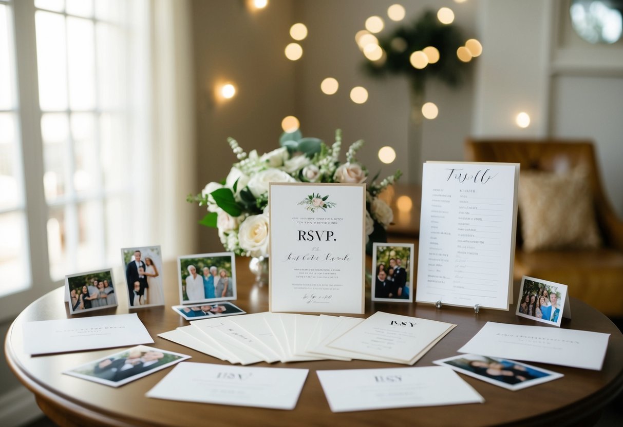 A table with elegant wedding invitations and a stack of RSVP cards, surrounded by a variety of family photos and a list of potential guests
