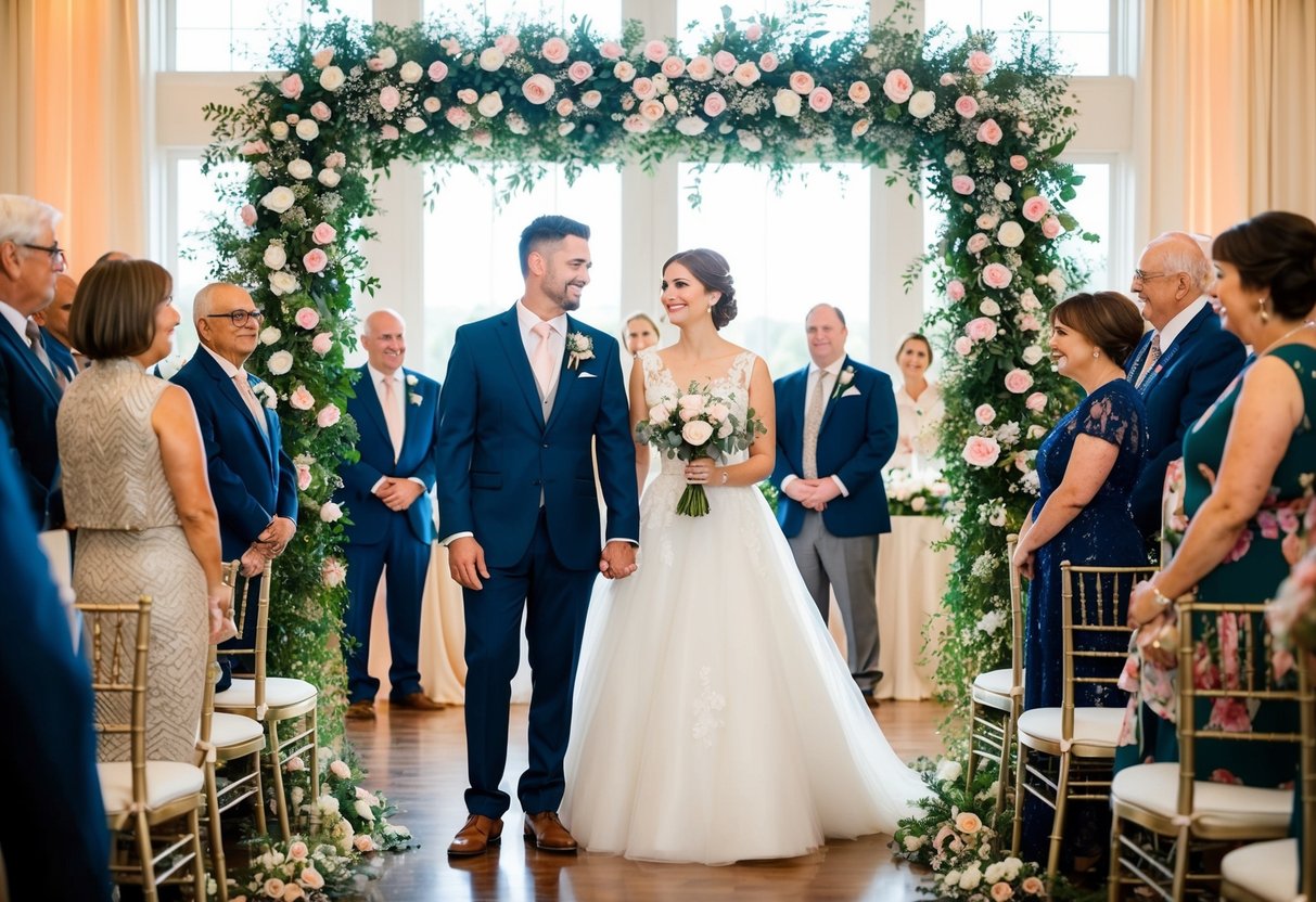 A bride and groom stand beneath a floral arch, surrounded by guests at a beautifully decorated reception venue