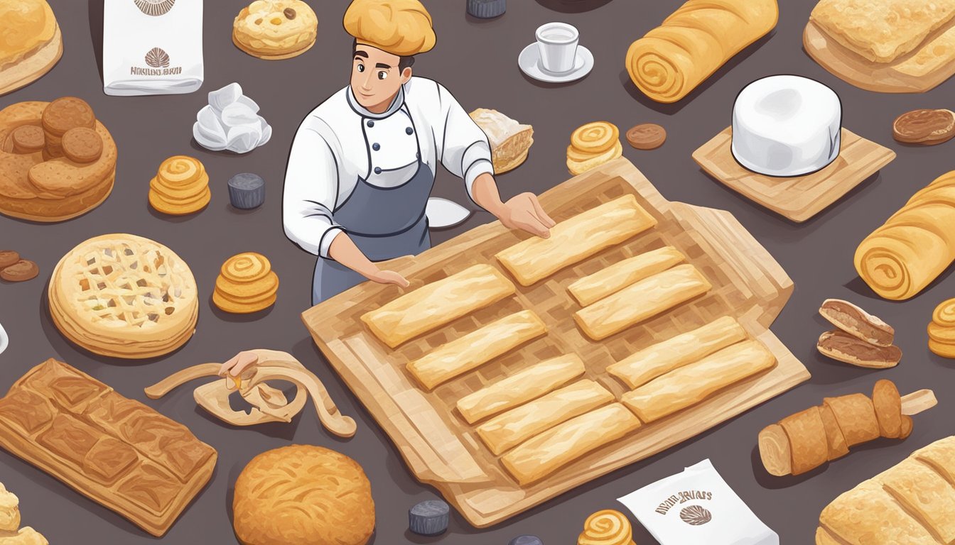 A puff pastry package with an expiration date passed, surrounded by various baked goods and a concerned chef