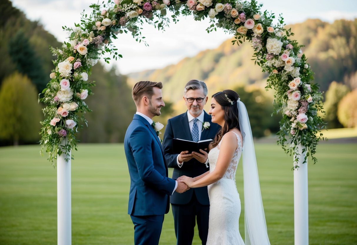 A couple stands before a registrar in a picturesque outdoor setting, exchanging vows under a floral archway