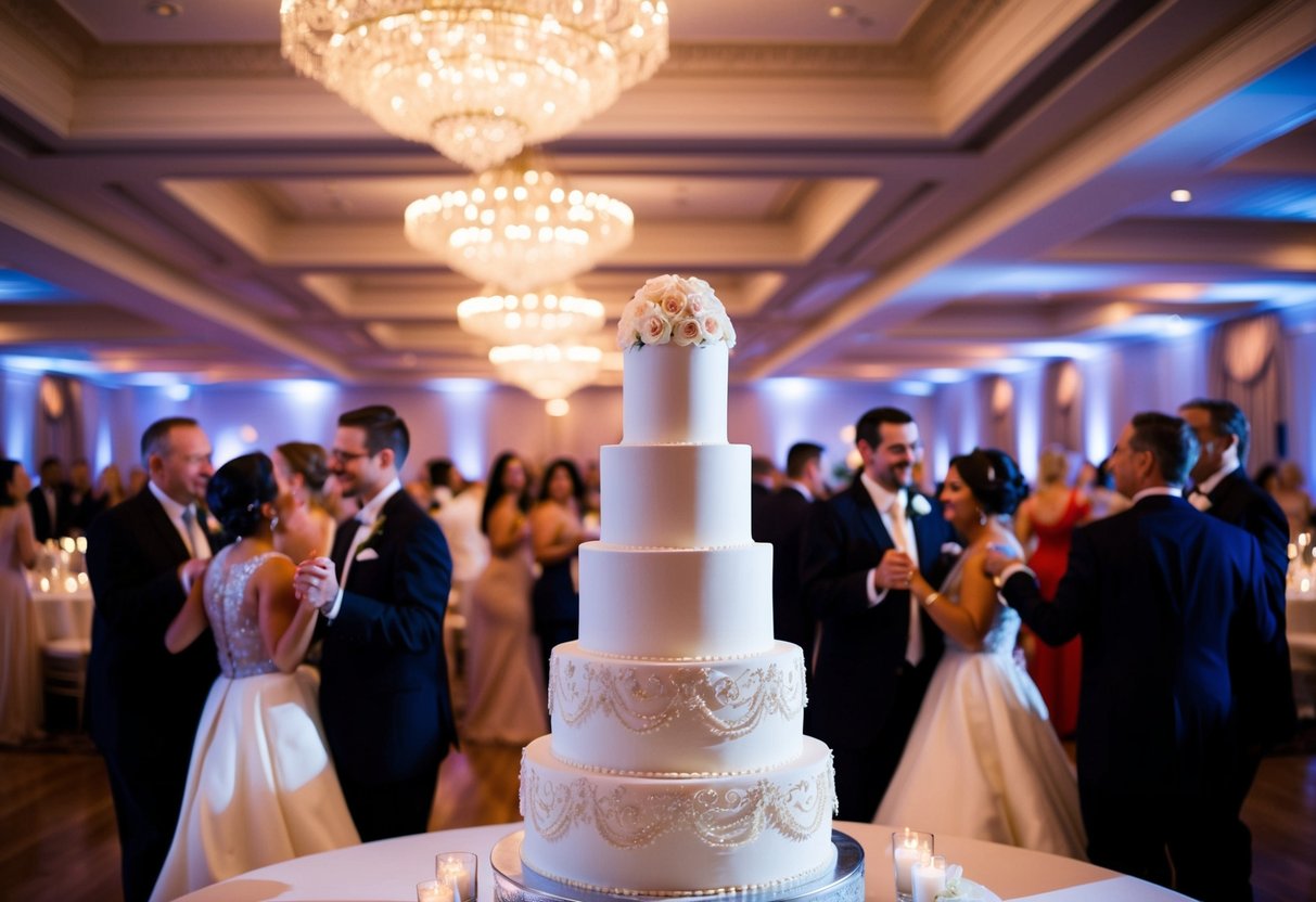 A grand ballroom filled with elegant decor and guests dancing, with a towering wedding cake as the centerpiece