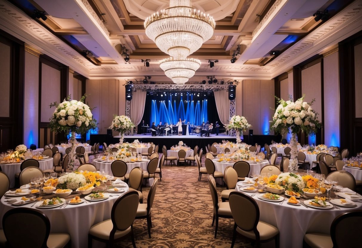 A grand banquet hall adorned with elegant decor and a lavish spread of food and drinks, with a stage for music and dancing