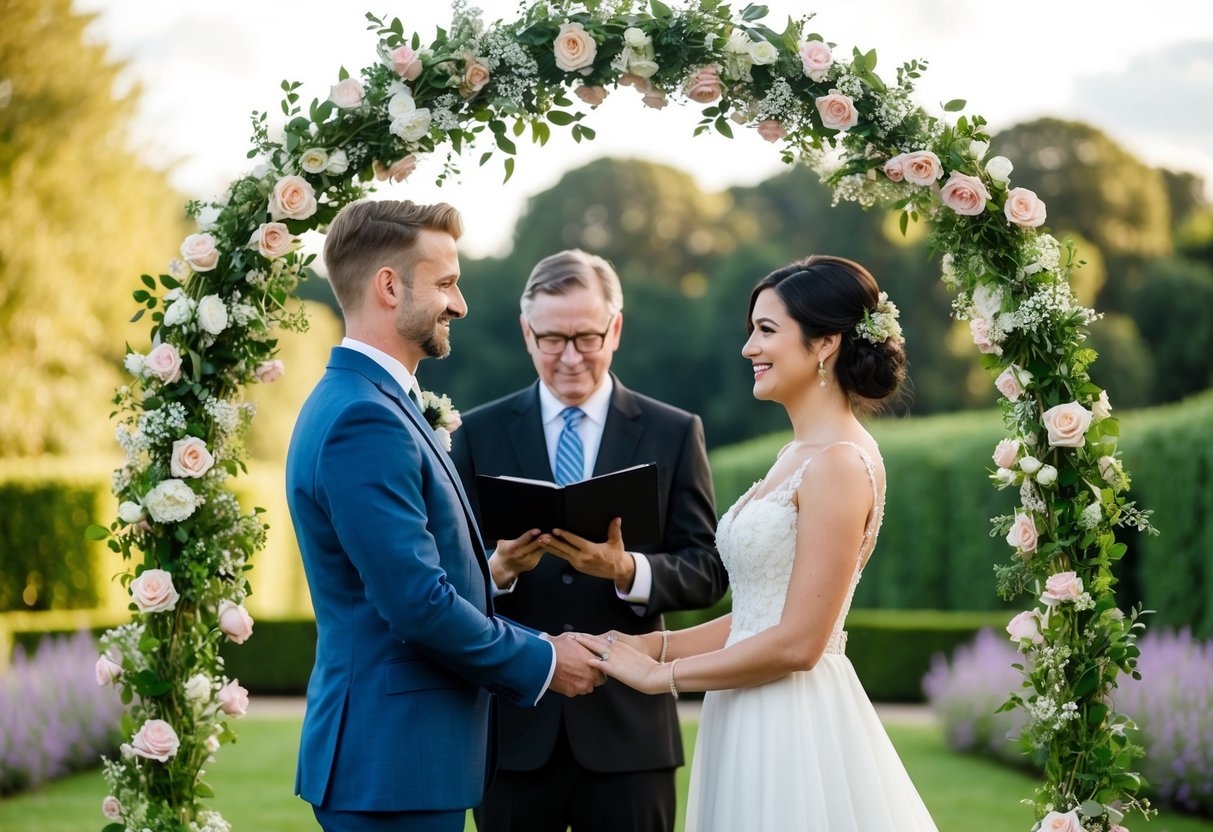 A couple stands in a scenic garden as a registrar officiates their wedding ceremony under a flower-covered arch