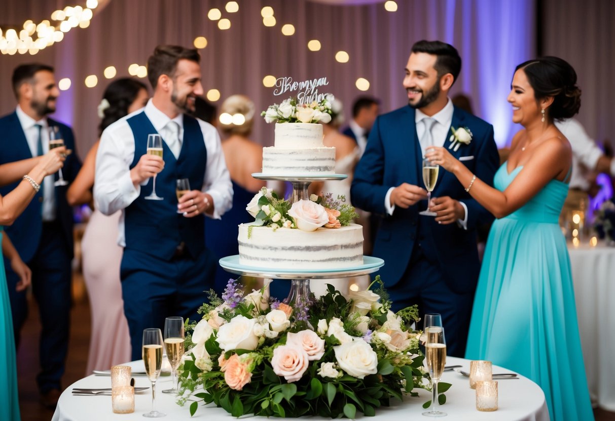 A festive wedding reception with champagne, floral centerpieces, and a tiered cake. Music, laughter, and dancing fill the air