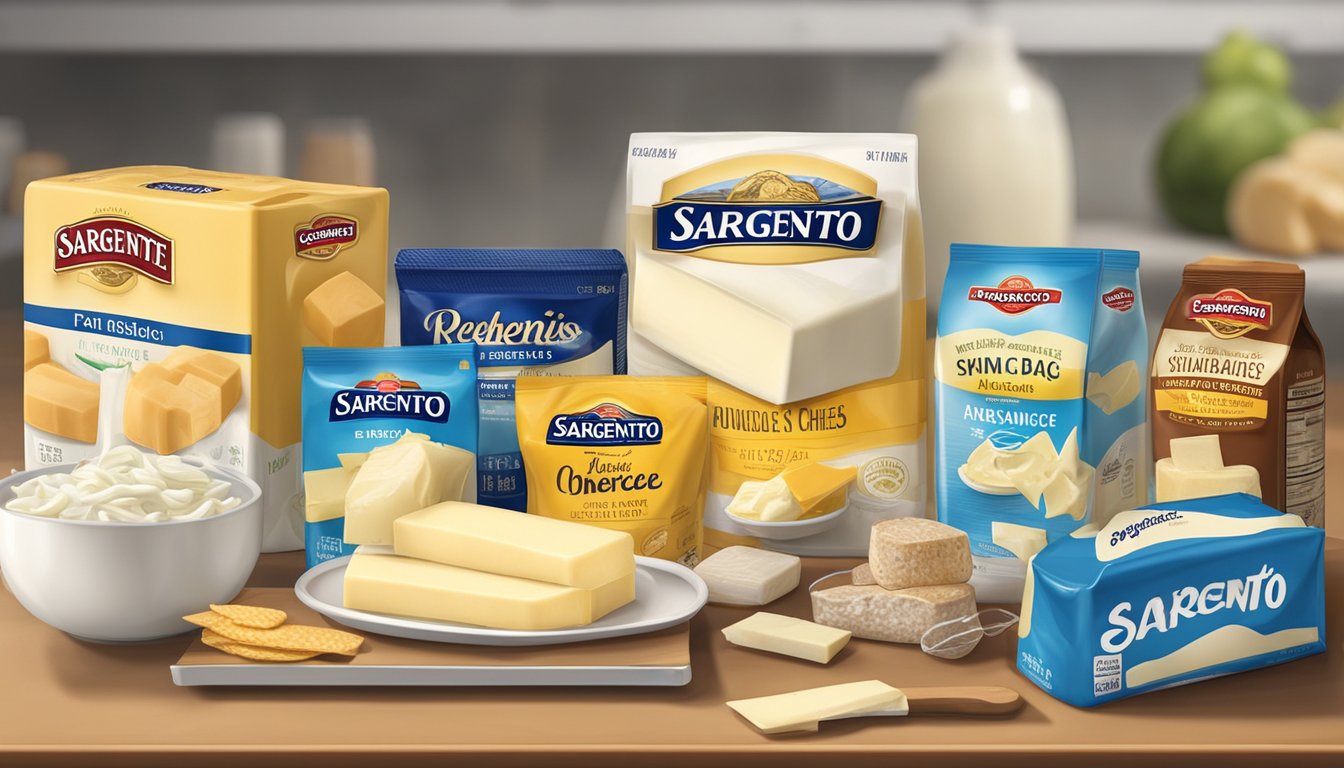 A refrigerator shelf with a package of Sargento string cheese, surrounded by other dairy products