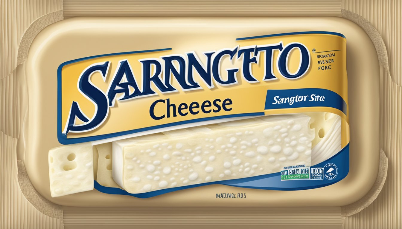 A package of expired Sargento string cheese with visible mold growth and a foul odor