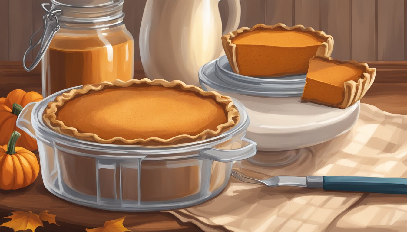 A jar of expired pumpkin pie spice next to a freshly baked pumpkin pie