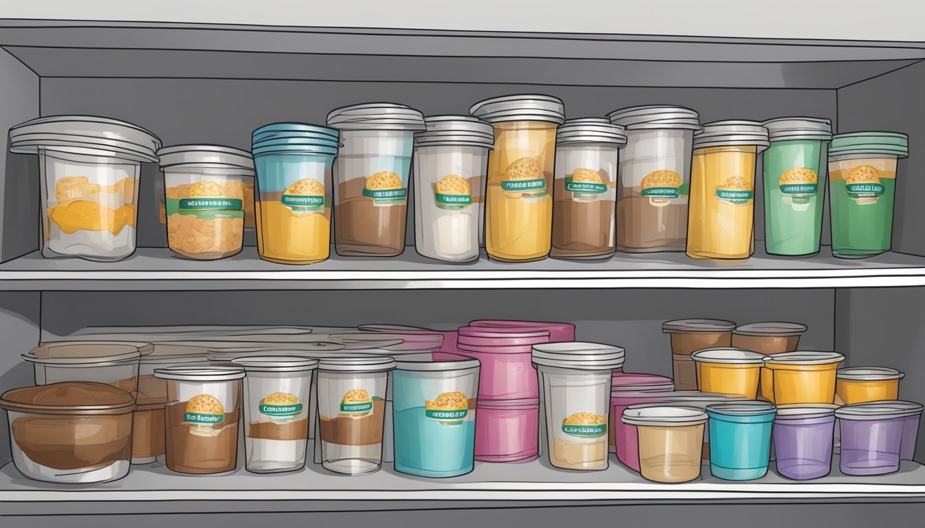 An open cupboard filled with expired pudding cups, some with mold, others leaking