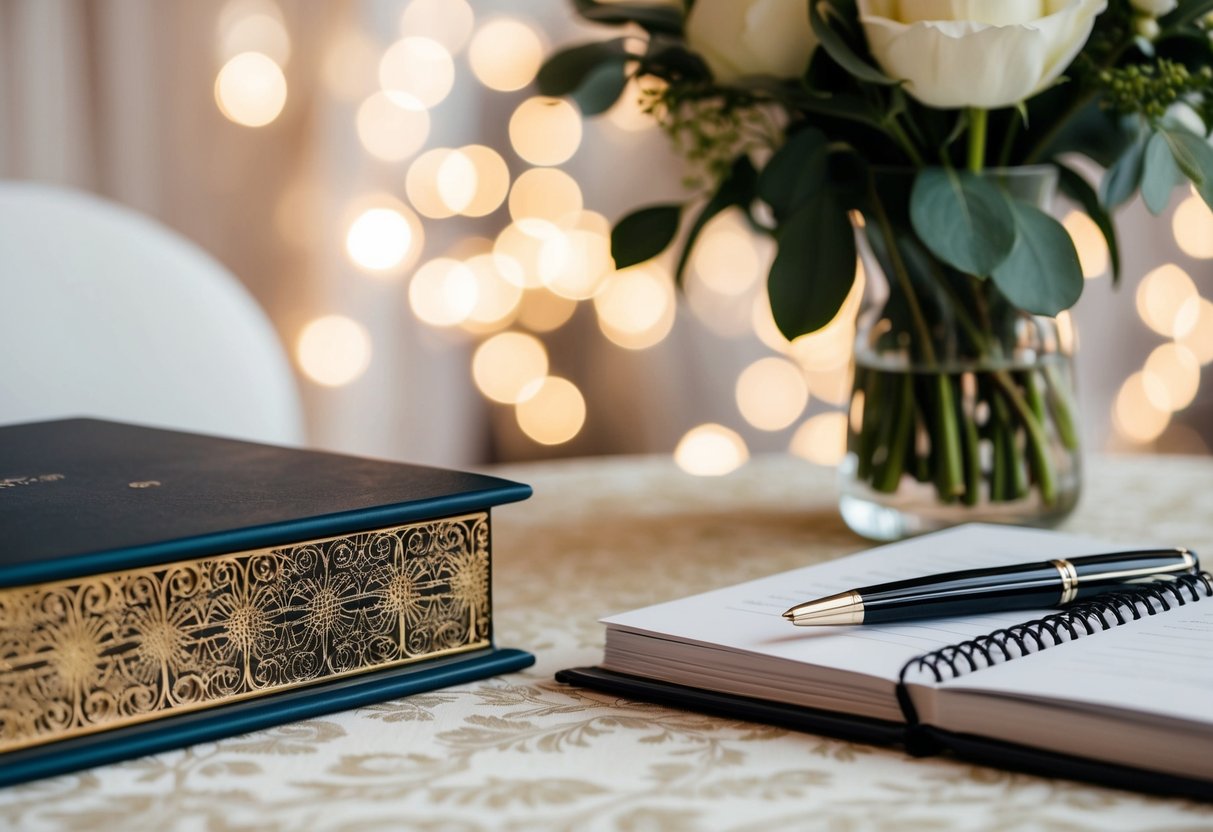 A pen resting on a decorative table next to a beautifully designed wedding guestbook