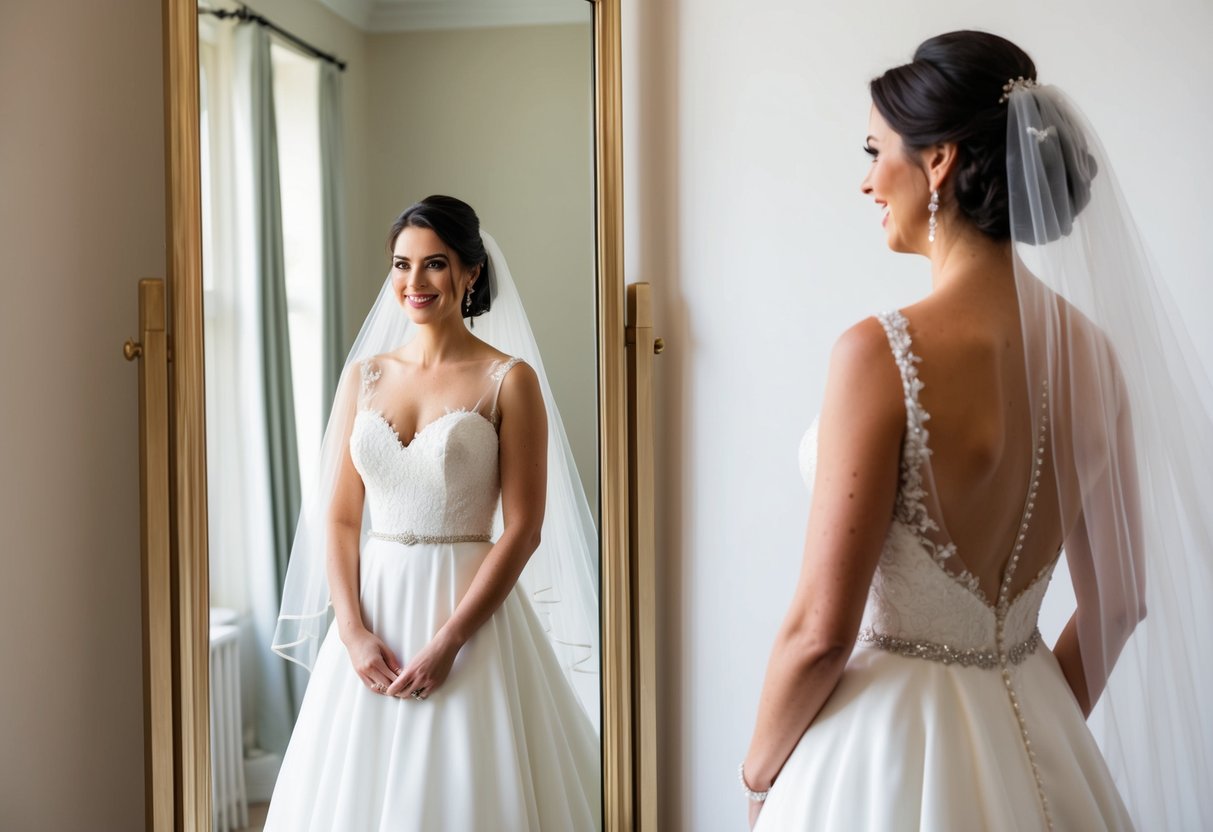 A bride stands before a full-length mirror, wearing a flowing wedding gown with a delicate veil cascading down her back. She gazes at her reflection with a sense of anticipation and joy