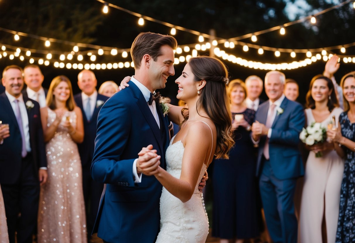 A couple dancing under twinkling lights, surrounded by smiling guests at an evening celebration