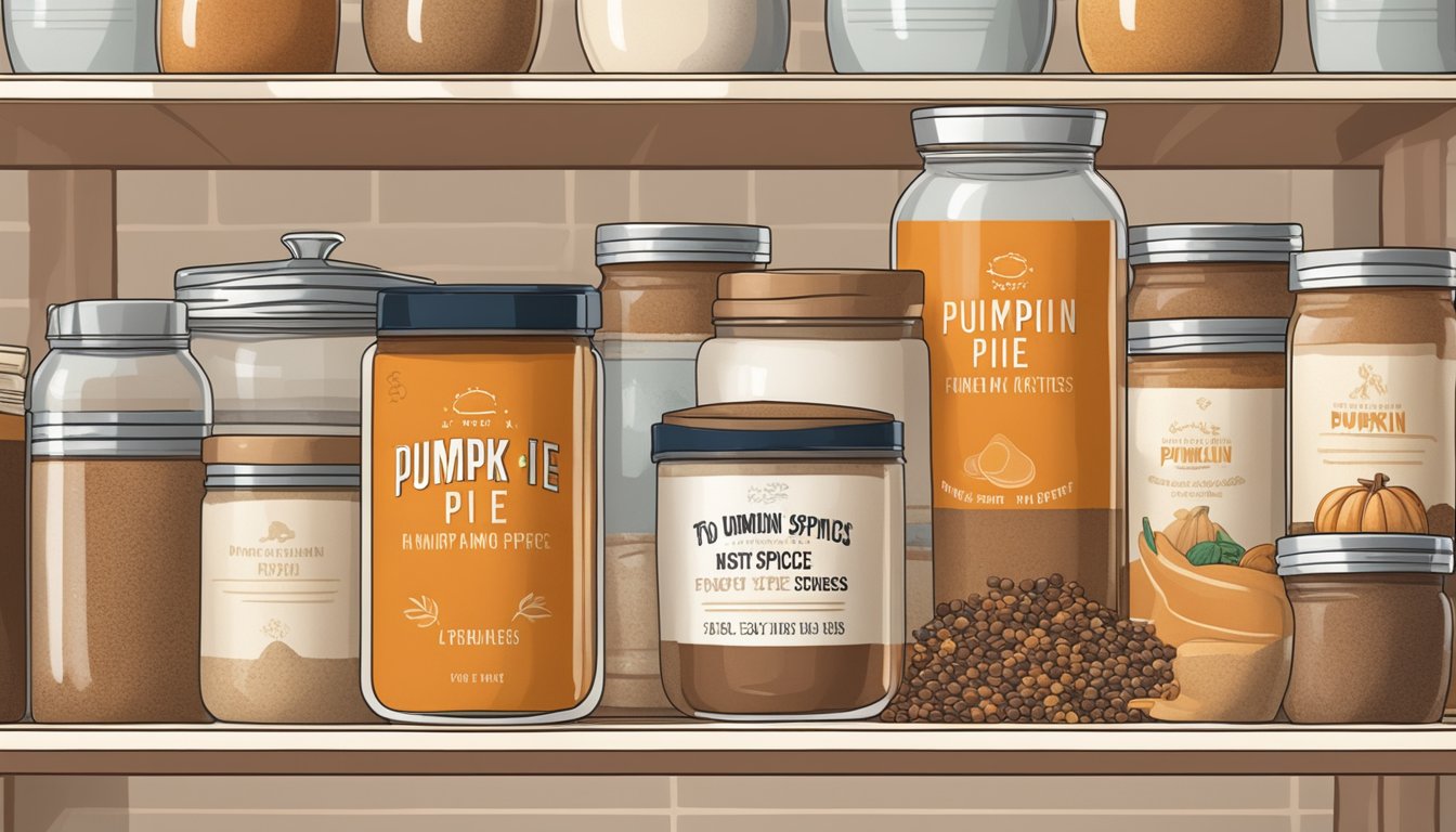 A jar of pumpkin pie spice sits on a dusty kitchen shelf, surrounded by other forgotten spices. The expiration date is long past, and the label is faded