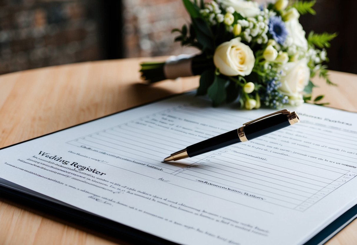 A pen hovering over an open wedding register, with a bouquet of flowers resting beside it