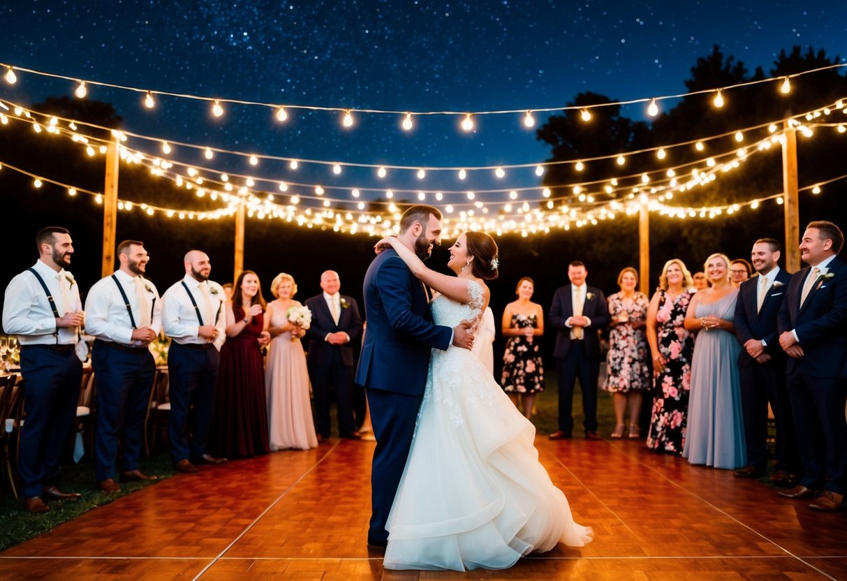 Evening guests watch as the newlyweds share their first dance under twinkling lights and a starry sky