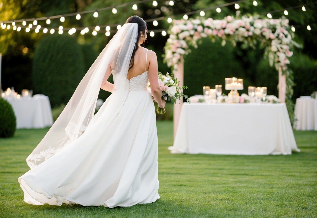 A bride stands in a garden, her veil flowing in the breeze as she walks towards a beautiful reception setup with flowers and twinkling lights