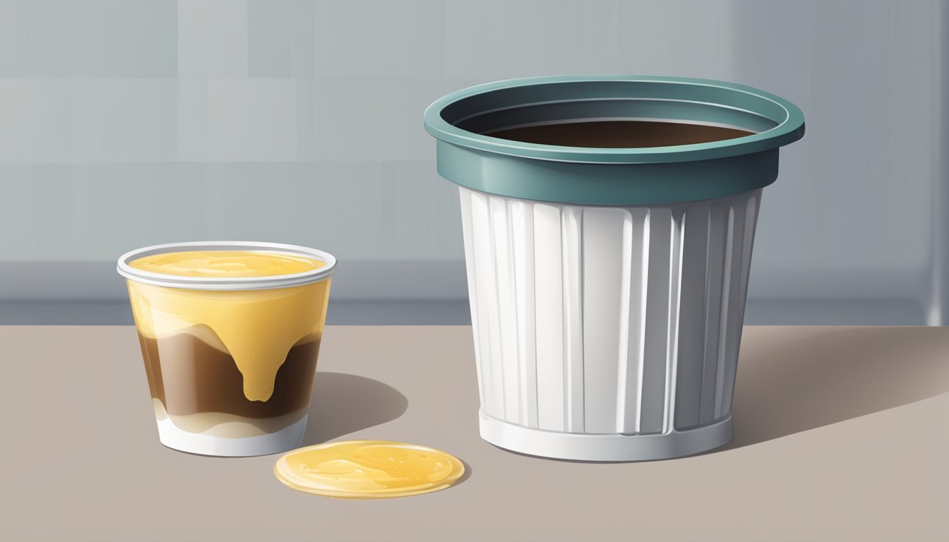 An open expired pudding cup with mold growing inside, next to a trash can