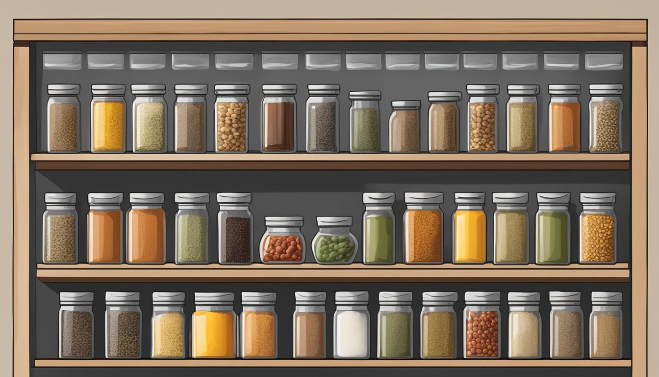 A row of labeled spice jars on a shelf, with a variety of spices neatly organized and stored in a cool, dry place